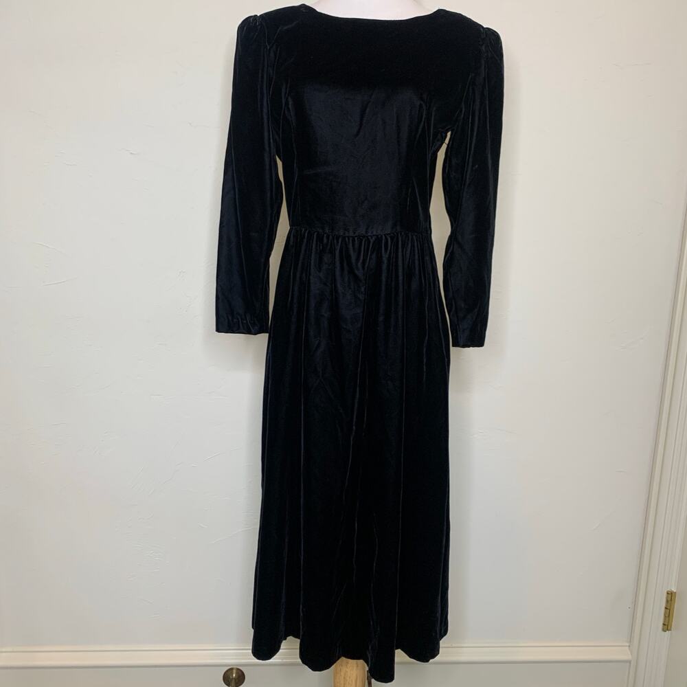 Lanz Black Velvet Bow Back Vintage Dress Sz 12 Medium - Picture 8 of 12